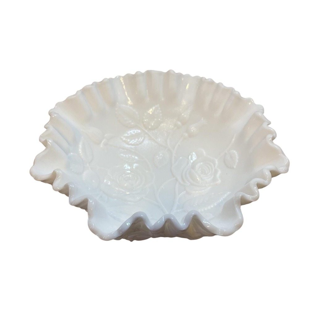 Vintage Milk glass‎ ruffled edge rose pattern bowl